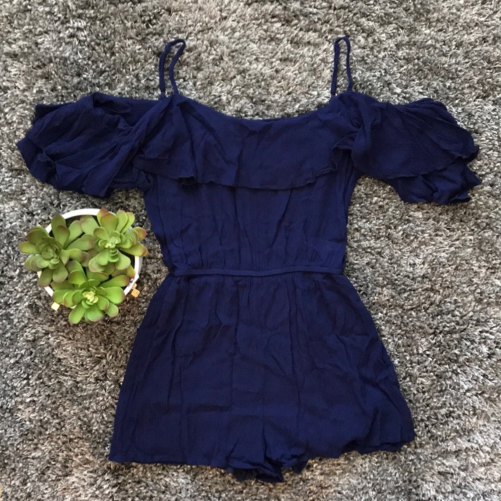 EUC Cold Shoulder Ruffle Romper Navy Blue